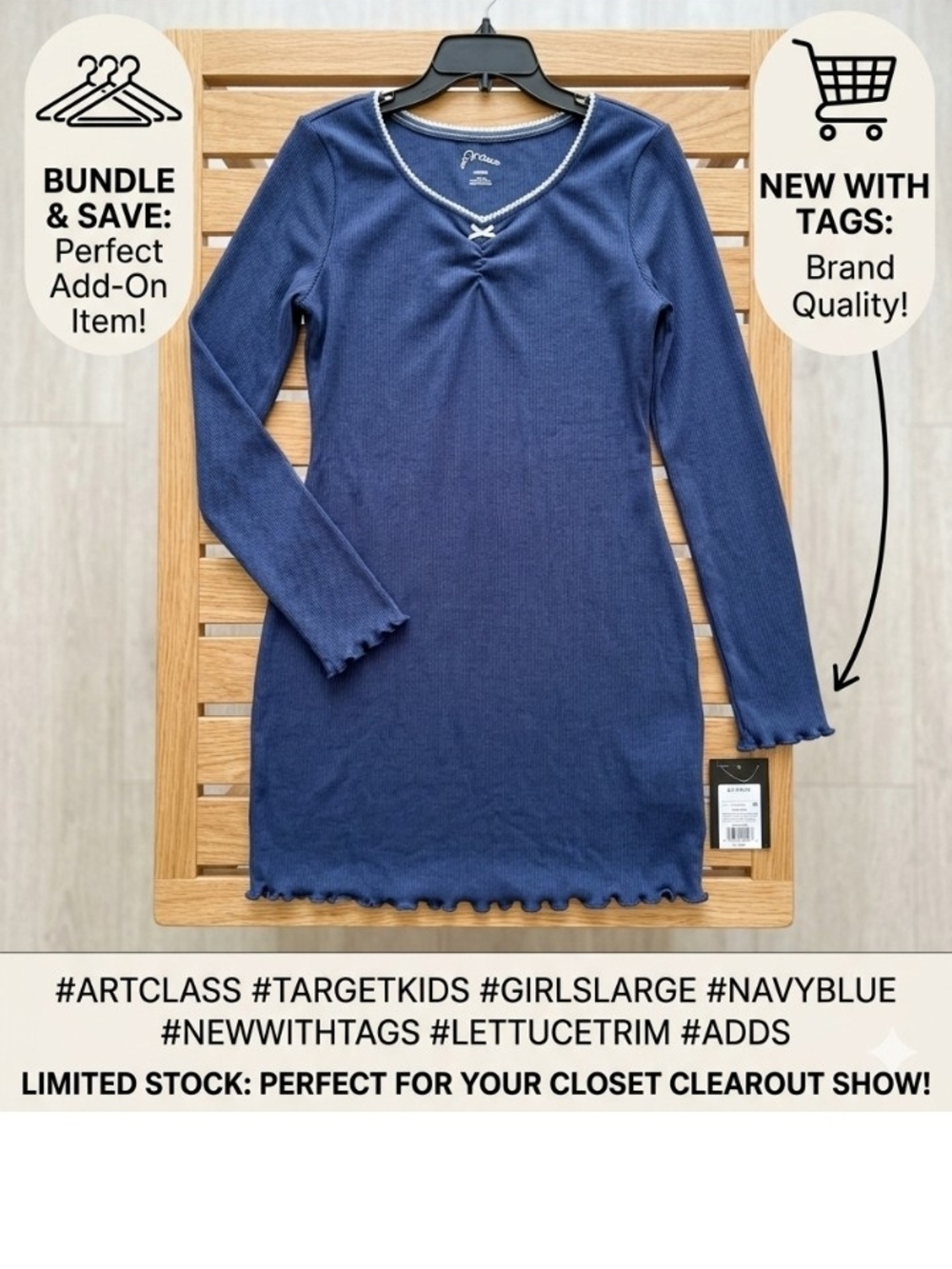 art class Large Navy Blue Ribbed Lettuce-Edge Scoop Neck Sweater 10 12
